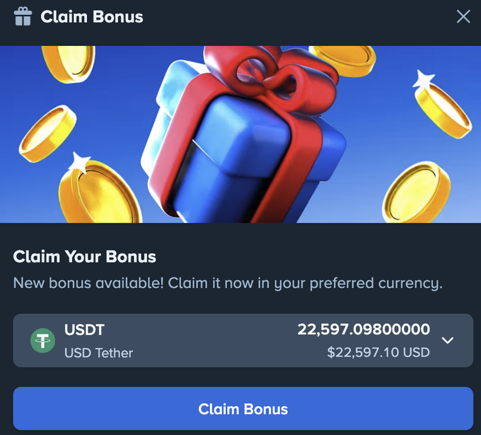 A "Claim Bonus" popup displays a gift box and gold coins, offering 22,597.098 USDT (~$22,597.10 USD) to be claimed, suggesting the user won a large bonus amid a losing streak and is seeking advice on how to use it.