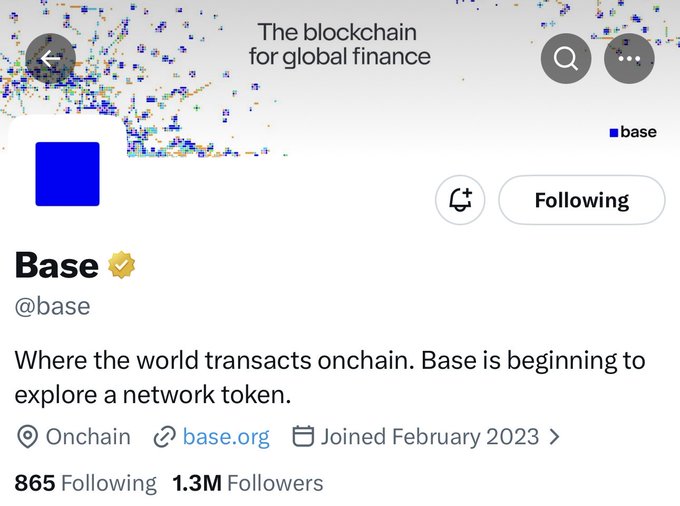 The image shows Base's official X/Twitter profile (@base) with 1.3M followers, displaying their bio "Where the world transacts onchain. Base is beginning to explore a network token." This directly supports the post's claim about $BASE token speculation, as the profile's updated bio appears to be the first official indication that Base is now exploring launching a network token after years of downplaying rumors.