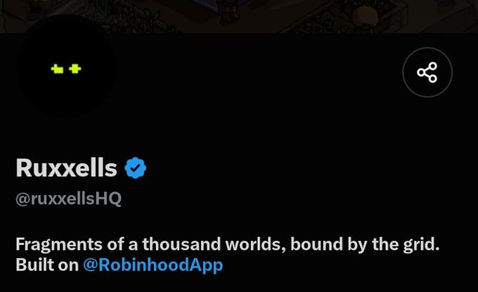The image shows a Twitter/X profile for "Ruxxells" (@ruxxellsHQ), featuring a pixelated sunglasses avatar and the bio: "Fragments of a thousand worlds, bound by the grid. Built on @RobinhoodApp." The profile introduces Ruxxells as a NFT-based project where users mint, activate, and develop digital worlds to mine RUXX Points.