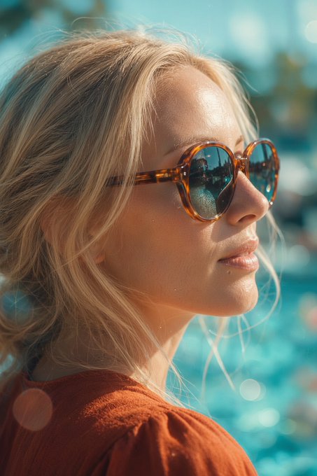 A close-up profile portrait of a blonde woman wearing tortoiseshell round sunglasses, with her hair catching the sunlight against a blue blurred background.