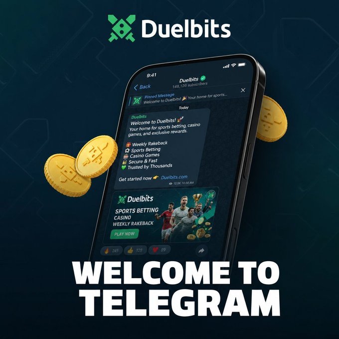 A promotional graphic showing a smartphone displaying the Duelbits Telegram channel with 148,126 subscribers, featuring gold Bitcoin coins and the text "WELCOME TO TELEGRAM" alongside the Duelbits logo, encouraging users to join via the link for a $200 giveaway in collaboration with @Winify.