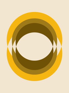 A simple graphic design featuring concentric circles in shades of yellow and dark olive green on a cream background.