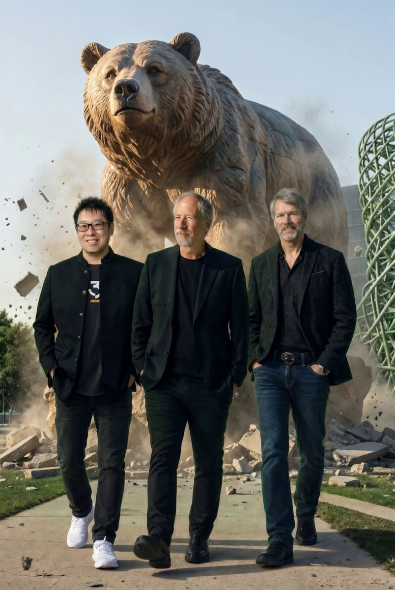 In this image, there are three men standing in a park or open space with an elephant statue nearby. They appear to be posing for a photo, possibly as part of an advertisement. The man at the center is wearing glasses and has his arms crossed over his chest. The other two men have their hands on their hips, facing away from the camera. This dynamic poses suggest that they might represent a company or business promoting a bull or similar symbol associated with strength or courage.