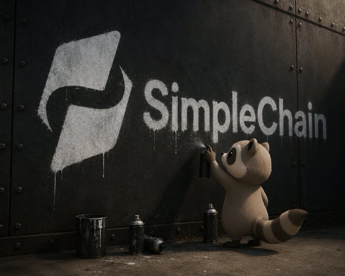 A raccoon character spray-painting graffiti on a metal wall, depicting a 'P' logo and the text 'SimpleChain' in silver paint.