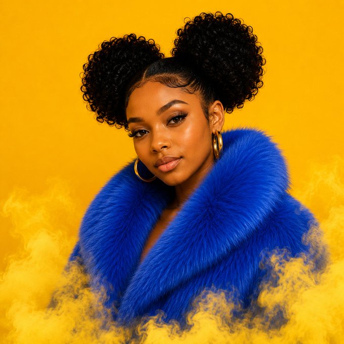 A portrait of a woman with curly hair styled in double buns, wearing gold hoop earrings and a vibrant blue fur coat, posing against a yellow background with yellow smoke.