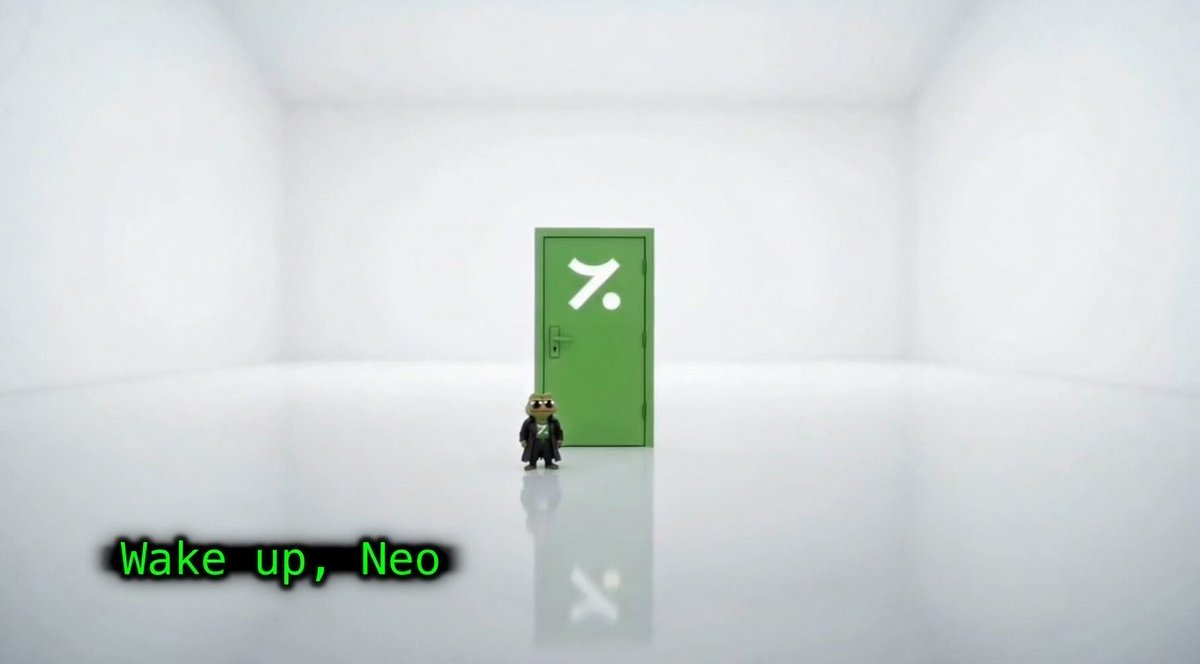 A small figure in a black suit stands before a bright green door marked with the number "7" in a stark white room, with glowing green text reading "Wake up, Neo" displayed on the wall — fitting the "find the green doors" theme as this door represents a pivotal green doorway moment.