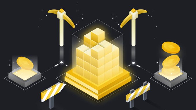 An illustration depicts stacked gold bars enclosed in a glass display, flanked by pickaxes, gold coins, and construction barriers, symbolizing cryptocurrency mining and the cessation of Binance's mining operations. The gold bars represent the rewards miners once received, while the barriers signify the shutdown of services like Binance Pool, Cloud Mining, and related tools effective 10/11.