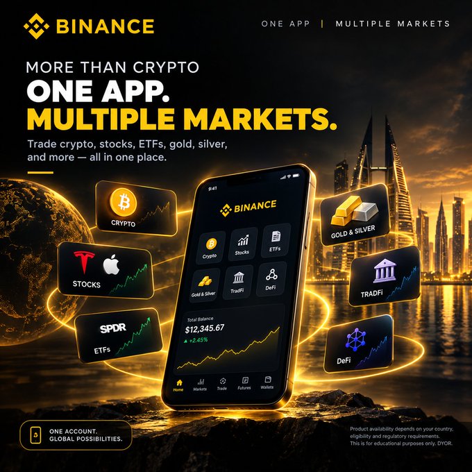 A Binance promotional advertisement displays a smartphone showing the app interface with options for Crypto, Stocks, ETFs, Gold & Silver, Forex, and DeFi, alongside text reading 'MORE THAN CRYPTO. ONE APP. MULTIPLE MARKETS.' and 'ONE ACCOUNT. GLOBAL POSSIBILITIES.'