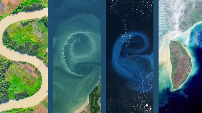 Four side-by-side satellite images show different natural phenomena from above, including a meandering river through farmland, swirling ocean vortexes, and a small island surrounded by sediment.