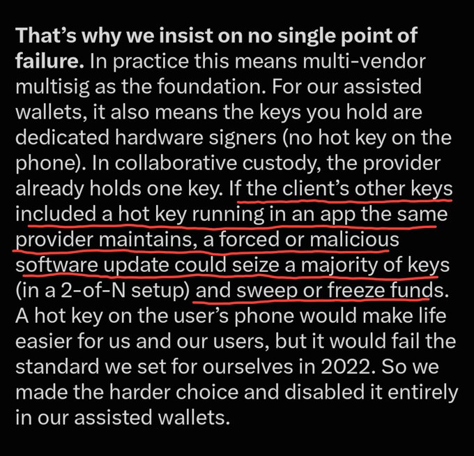 A text excerpt discussing crypto wallet security principles, specifically explaining the risks of hot keys in collaborative custody with the phrase 'If the client's other keys included a hot key running in an app the same provider maintains, a forced or malicious software update could seize a majority of keys' highlighted in red.