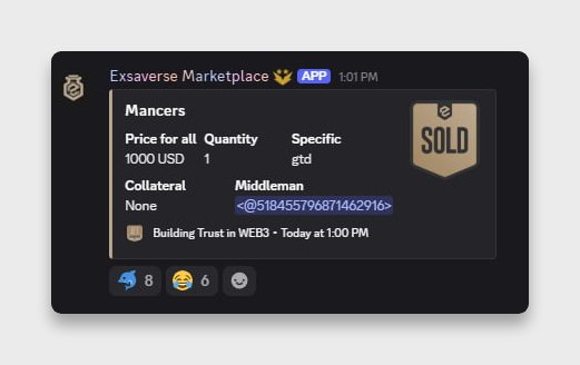 A Slack message in the Exsaverse Marketplace channel shows a "Mancers" item sold for 1,000 USD (1 quantity) by "gtd," marked as SOLD—corroborating the post's claim of a $1k purchase in Mancer's GC.