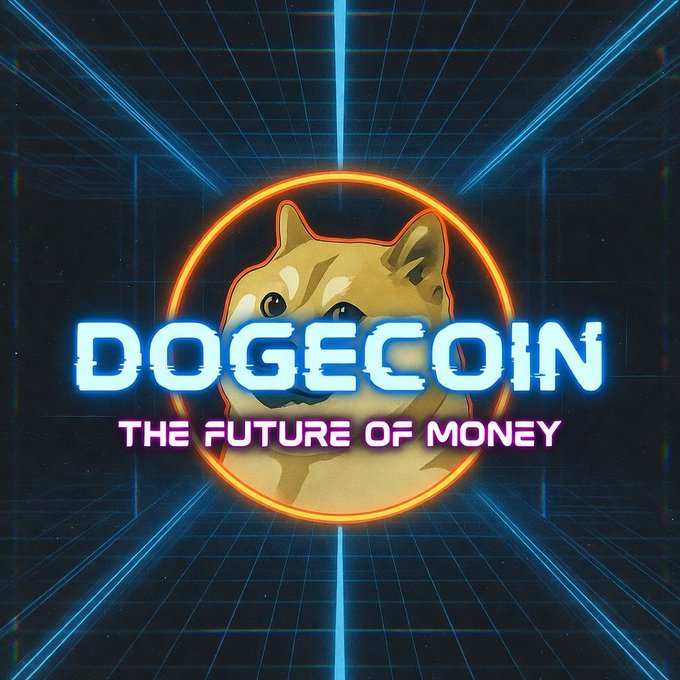 A retro synthwave-style graphic featuring the Dogecoin Shiba Inu logo with glowing neon text reading "DOGECOIN" and "THE FUTURE OF MONEY" against a blue grid background.