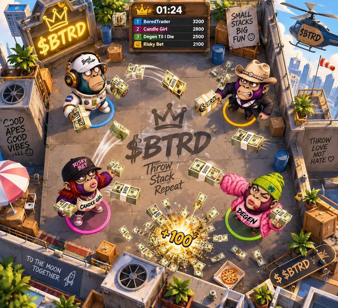 A colorful rooftop game scene titled '$BTRD - Throw Stack Repeat' features cartoon characters throwing stacks of cash at each other, with a leaderboard showing players like BoredTrader (3200), Candie Girl (2800), Degen Til I Die (2500), and Risky Bet (2100), plus slogans like 'SMALL STACKS BIG FUN' and 'TO THE MOON TOGETHER'.