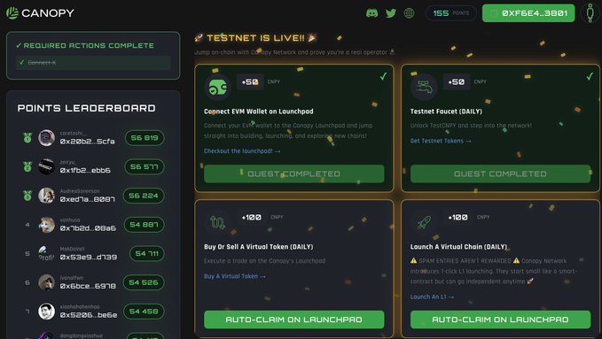 The image shows a Canopy Network (CNPY) rewards dashboard featuring a "Testnet is Live!" campaign with a points leaderboard and various quests, including connecting an EVM wallet, claiming testnet faucet tokens, buying or selling virtual tokens, and launching virtual chains, with the top user "0xebeeki..5cfa" leading at 56,819 points. This relates to the post by showcasing CNPY Network's active testnet participation platform where users can earn rewards, supporting the project's role in building infrastructure for Layer 1 blockchain launches.