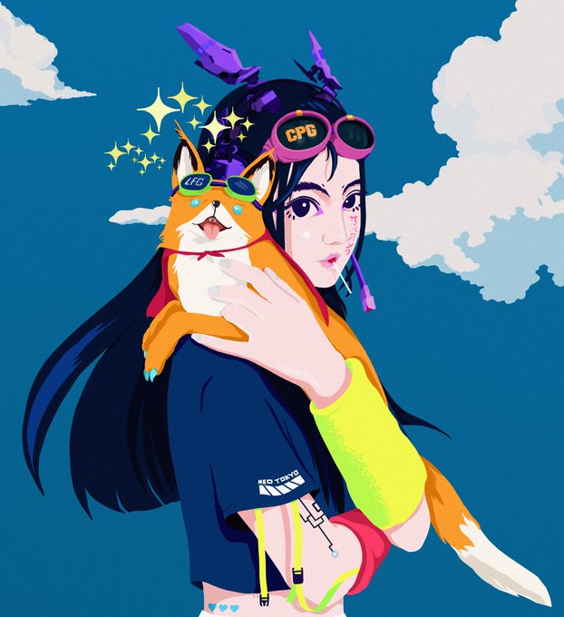 an illustration of a girl with cyberpunk-style goggles labeled "CFG" holding an orange and white fox wearing "LFG" sunglasses