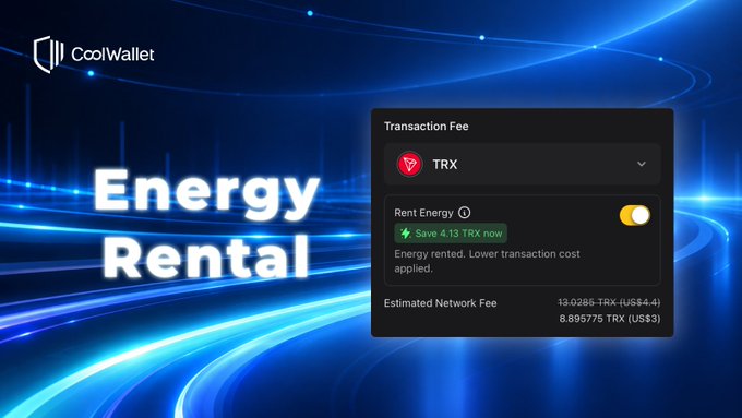 A promotional graphic for CoolWallet's 'Energy Rental' feature, showing a transaction fee interface for TRX with an option to rent energy and save 4.13 TRX.