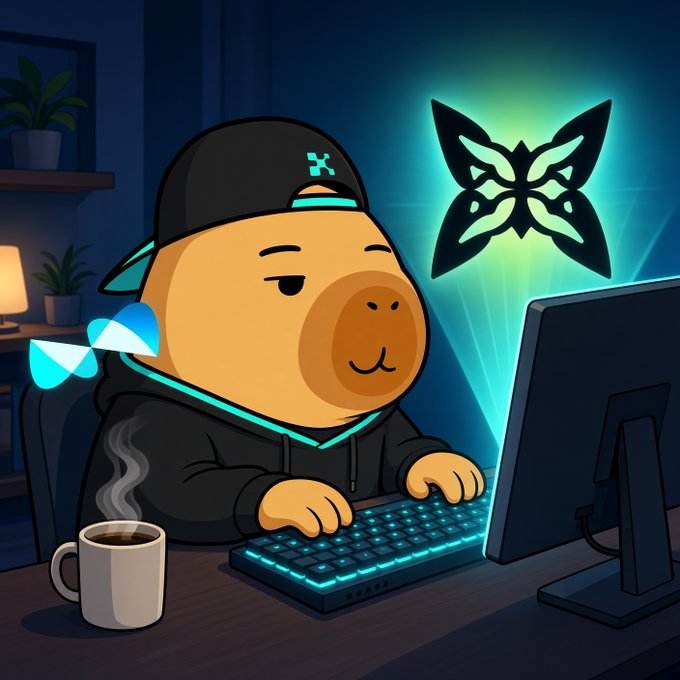 A cartoon capybara wearing a black cap and hoodie sits at a glowing teal keyboard in a dimly lit room, with a large butterfly logo floating behind the monitor. The cozy late-night hacking vibe visually echoes the post's theme of a developer running an overnight node build, where the Quip network's unglamorous fixes keep things running smoothly.