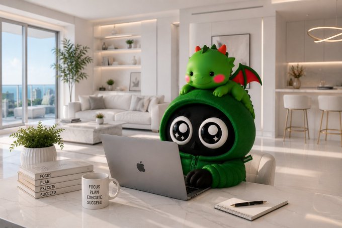 A whimsical 3D-rendered scene of a cute green dragon mascot wearing a hooded outfit, sitting at a desk with a MacBook in a modern, bright living room, with motivational books and a mug reading 'FOCUS PLAN EXECUTE SUCCEED.'
