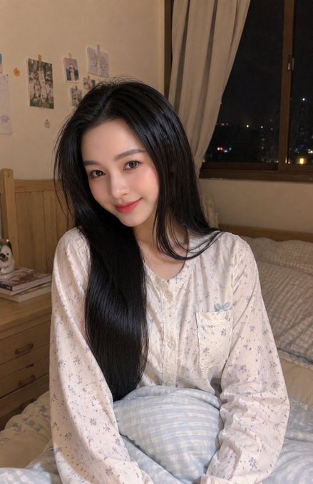 A young woman with long black hair smiling while sitting on a bed in pajamas, with photos pinned on the wall behind her and a window showing city lights at night.