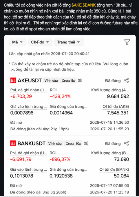 A trading screenshot shows two closed futures positions: a short AKEUSDT (-6,703.29 PnL) and a short BANKUSDT (-6,691.79 PnL), totaling roughly 13,395 USDT in losses, matching the trader's account of losing about 350 million VND after being down nearly 1 billion.