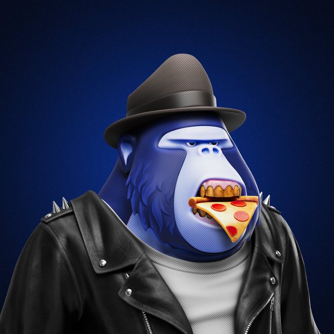 A blue ape NFT from Degen Ape Academy wears a gray fedora and studded leather jacket while biting into a slice of pepperoni pizza against a dark blue background. The stylized 3D character illustration matches the post's mention of switching back to a Degen Ape Academy profile picture for a new look.