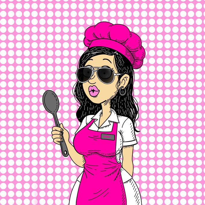 A pop-art style illustration depicts a woman wearing a pink chef's hat and apron, sunglasses, and holding a large cooking spoon, set against a pink and white polka dot background.