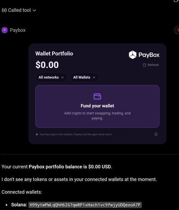 A screenshot of a 'Paybox' wallet portfolio showing a $0.00 balance with the message 'Fund your wallet,' and listing a connected Solana wallet address.