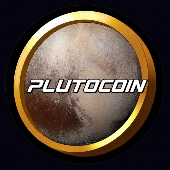 A circular logo with a gold metallic rim featuring an image of the planet Pluto, overlaid with the stylized text "PLUTOCOIN".