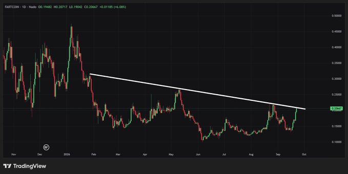 The image is a TradingView daily candlestick chart of FARTCOIN/USD showing a descending resistance trendline connecting peaks from late 2024 through September, with price currently testing the line near $0.20647. It illustrates the post's "hot air rises" theme by depicting FARTCOIN as a meme coin attempting to break above a long-term bearish trendline.