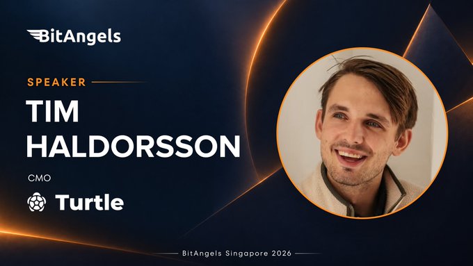 Promotional graphic for BitAngels Singapore 2026 announcing speaker Tim Haldorsson, CMO of Turtle, featuring his portrait. The image aligns with the post's excitement by showcasing a key Turtle representative set to appear at the Singapore event.