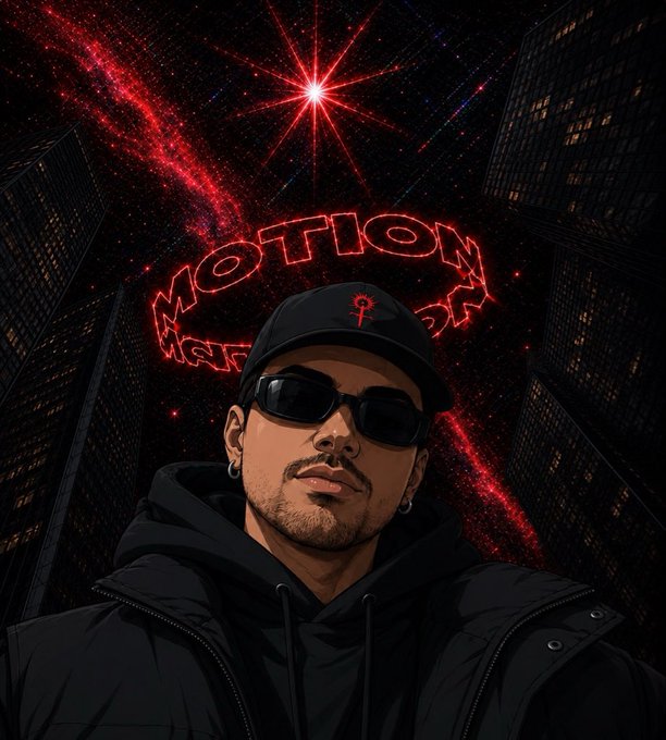 A confident man in a black cap, sunglasses, and hoodie stands in front of a starry red-lit cityscape with the neon text "MOTION" glowing behind him. The image complements the post's call to focus on stacking $MOTION instead of chasing clout rankings.