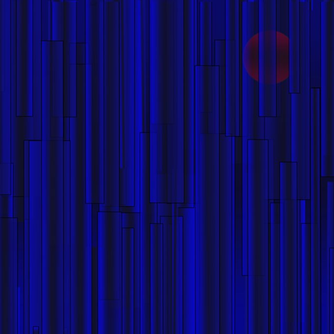 Abstract digital artwork with vertical blue rectangular bars of varying heights and a red circle in the upper right.