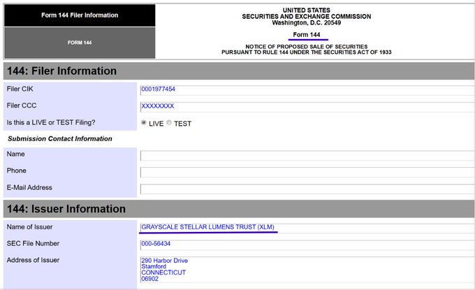 A screenshot of a U.S. Securities and Exchange Commission Form 144 filing, identifying the issuer as 'GRAYSCALE STELLAR LUMENS TRUST (XLM)' located at 280 Harbor Drive, Stamford, CONNECTICUT 06902.