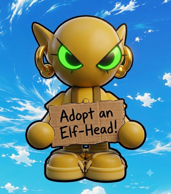 A 3D-rendered cartoonish character with pointed ears, glowing green eyes, and a grumpy expression holding a cardboard sign that reads 'Adopt an Elf-Head!' against a blue sky with clouds.