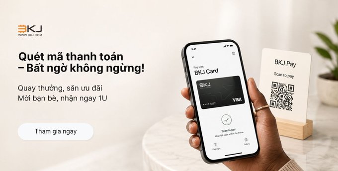 The image displays a promotional banner for "BKJ" featuring a smartphone showing a BKJ Visa card app alongside a "BKJ Pay" QR code for scanning payments, with Vietnamese text reading "Quét mã thanh toán – Bất ngờ không ngừng!" (Scan to pay – Endless surprises!) and a "Tham gia ngay" (Join now) button.

While the post discusses using USDT crypto for cashless payments, the image actually promotes a traditional Visa payment card rather than a crypto-based solution, suggesting the BKJ card may be one of the platforms the user compared for convenience and trustworthiness.