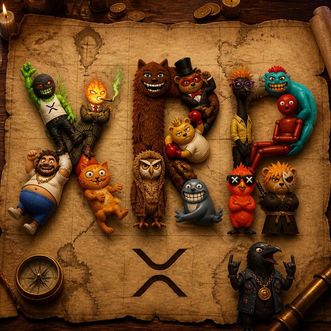 A stylized fantasy scene displays a lineup of quirky, toy-like characters—including a green zombie, a fire-headed figure, a bear with boxing gloves, and a cat with a crown—arranged on a vintage map background featuring a compass and coins.