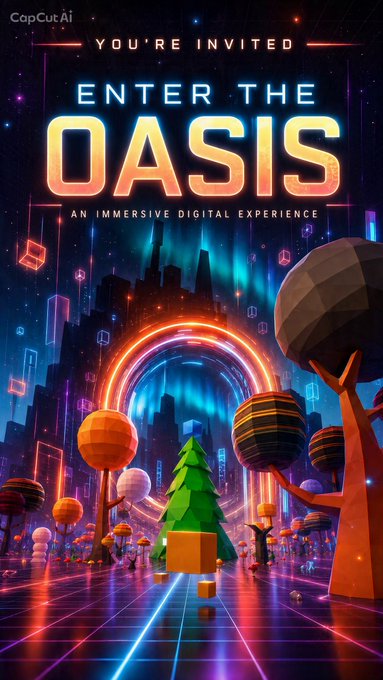 A vibrant digital poster inviting viewers to 'ENTER THE OASIS - AN IMMERSIVE DIGITAL EXPERIENCE,' featuring a neon-lit 3D landscape with stylized trees and geometric shapes, marked with 'CapCut AI' watermark.