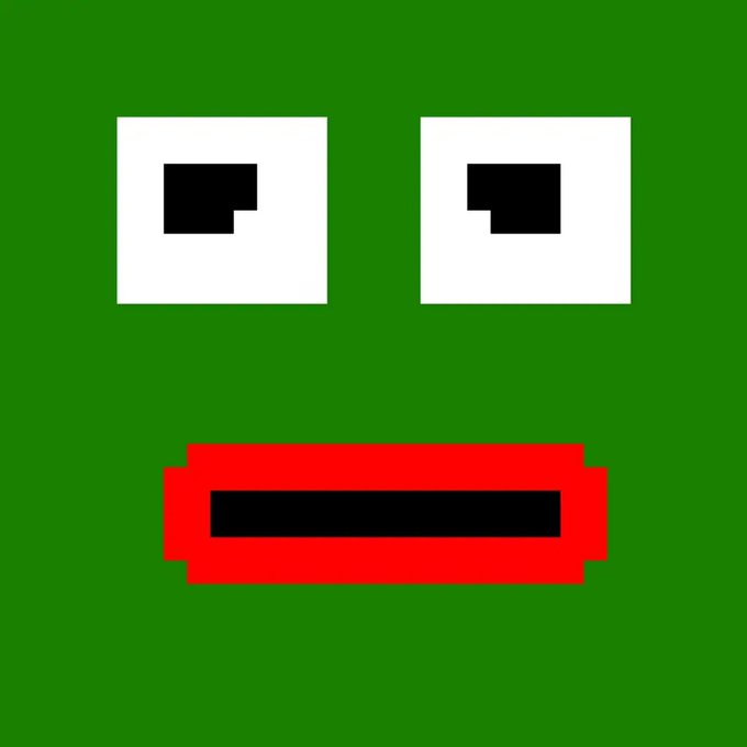 A pixelated green face with wide white eyes, black rectangular pupils, and a red open mouth showing clenched white teeth.