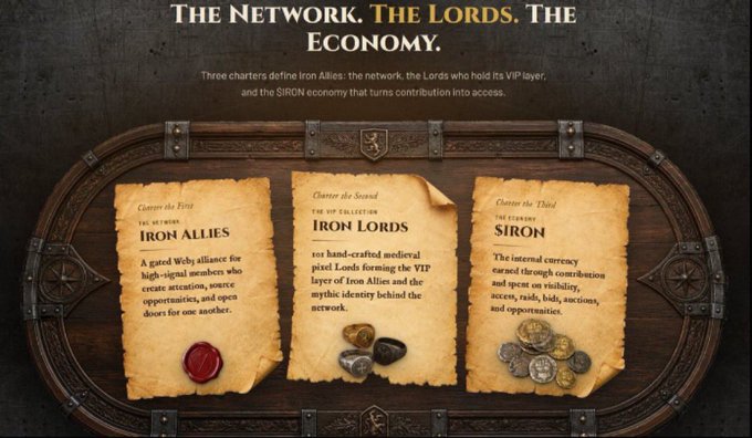 The image displays a stylized presentation of Iron Allies' three founding charters—**Iron Allies** (the network), **Iron Lords** (the VIP hand-crafted medieval pixel Lords), and **SIRON** (the internal currency)—set on aged parchment atop an ornate wooden chest, reinforcing the post's theme of a structured digital alliance built on the $IRON token that unites collectors, builders, and Web3 natives around shared opportunity and alignment.