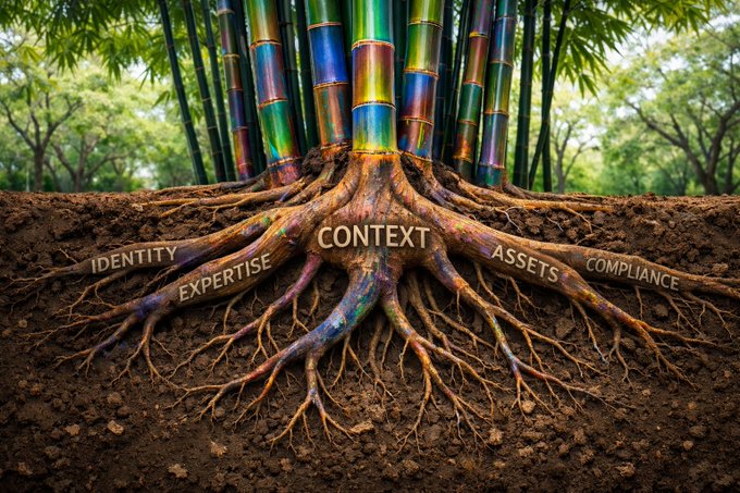 A vibrant bamboo grove with iridescent stems reveals its underground root system, labeled with foundational terms including "CONTEXT," "IDENTITY," "EXPERTISE," "ASSETS," and "COMPLIANCE." The image visually echoes the post's message by depicting how deeply rooted fundamentals—identity, expertise, and compliance—underpin the surface-level convergence of fintech, AI, and crypto that $TIBBIR represents.
