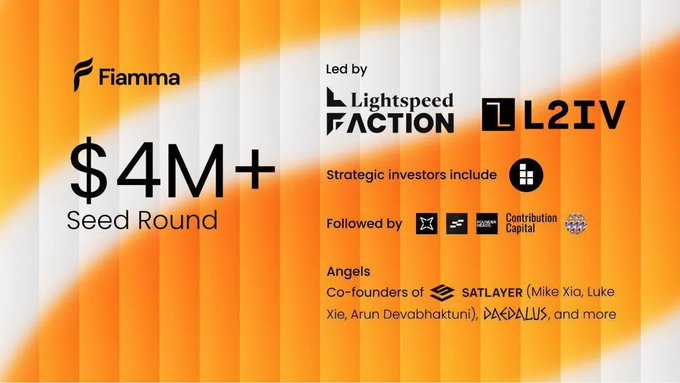 A promotional graphic with an orange striped background announces 'Fiamma' has raised '$4M+' in a Seed Round led by Lightspeed Faction and L2IV, with strategic investors and angels including co-founders of SATLAYER and DAPDALLUS.
