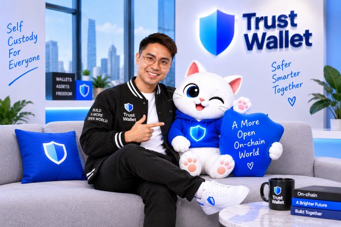 Felix sits beside the new blue “TrustCat” mascot, pointing to it in a Trust Wallet-branded setting with the messages “Self Custody For Everyone” and “Safer Smarter Together.” The image brings to life the post’s theme of building, educating, and welcoming more people onchain.