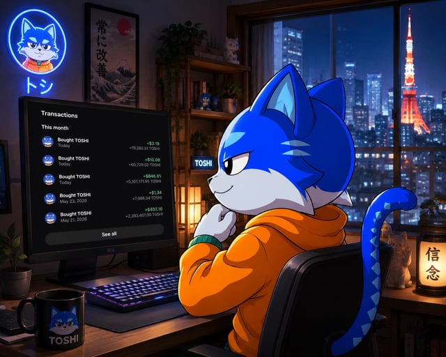 The image features a cartoon cat sitting at a desk with a computer monitor, keyboard, and mouse. A neon sign reading "transactions" can be seen above the cat's head. The background shows a city skyline at night, suggesting that the scene takes place in an urban setting. The post about Toshi doing something implies that it might have been him who made the transactions or someone else who is responsible for them.