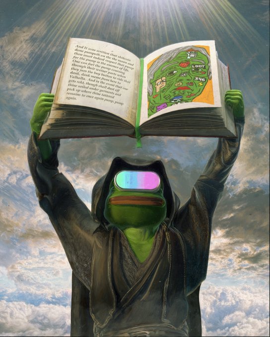 The image features a frog character wearing a robe, holding an open book above its head as if it were reading or studying something. The scene takes place against a cloudy sky backdrop, which adds depth and atmosphere to the overall composition. The frog's actions and the book suggest that it is engaged in learning or exploring new ideas, possibly related to the meme about the frog wearing glasses.

The post includes text that reads "And I've been reading this book for ages," indicating a connection between the image and the content of the book. This further emphasizes the idea that the frog character is actively involved with the book's themes or concepts. The overall visual style of the image, combined with the meme-related context, creates an interesting and engaging piece of art that captures the viewer's attention.