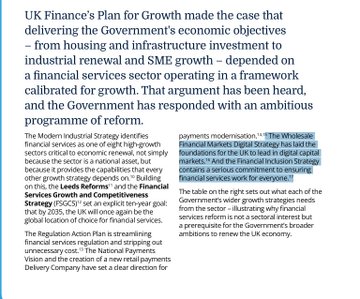The image displays a text excerpt from UK Finance's "Plan for Growth," highlighting the organization's role in supporting the Government's economic objectives through housing, infrastructure, industrial renewal, and SME growth via a financial services framework. Key visible terms include "Wholesale Financial Markets Digital Strategy," "International Strategy," and "Financial Services Growth and Competitiveness Strategy," with the text emphasizing UK Finance's ambition to lead global digital capital markets, aligning with the post's discussion of tokenization initiatives involving $LINK, $HBAR, $QNT, and $XRP.