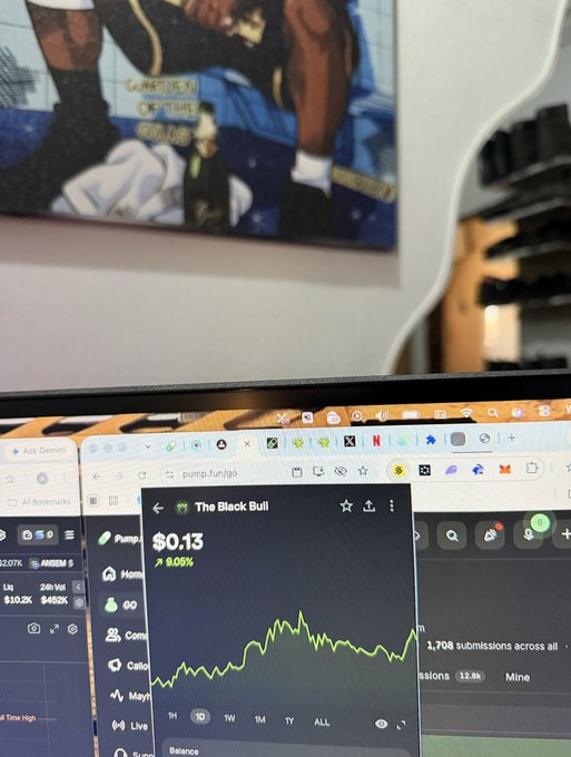 A computer screen displays a Pump.fun trading page for the token "The Black Bull" showing a price of $0.13 with a 0.00% change, while a colorful painting hangs on the wall in the background. The image appears unrelated to the post's giveaway announcement, seemingly shared to document the token's performance or current price activity rather than directly illustrating the $ANSEM wallet distribution.