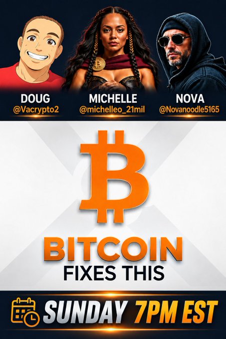 A promotional graphic for a show called 'Bitcoin Fixes This' airing Sunday at 7PM EST, featuring hosts Doug (@Vacrypto2), Michelle (@michelleo_21mil), and Nova (@Novanoodle5165) with a large Bitcoin logo in the center.