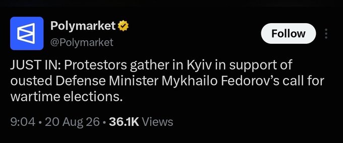 A tweet from @Polymarket dated August 20, 2026, claims "JUST IN: Protestors gather in Kyiv in support of ousted Defense Minister Mykhailo Fedorov's call for wartime elections," but the accompanying post notes this event is fabricated and not actually occurring, suggesting the prediction market platform invented the story.