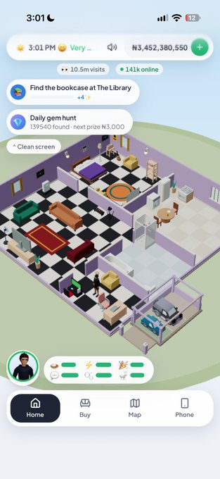 A mobile game screenshot displays an isometric view of a decorated home interior with checkered floors, various furniture items, and game stats showing ₦3,452,380,550 currency at the top.
