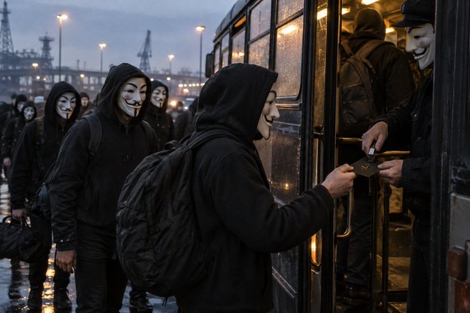 A moody, dark scene depicts multiple figures wearing Guy Fawkes masks and black hooded jackets, with one boarding a bus while others gather in the background near a port.